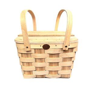 Peterboro Picnic Basket Natural Wood Riser Inside Woven Double Handles Logo